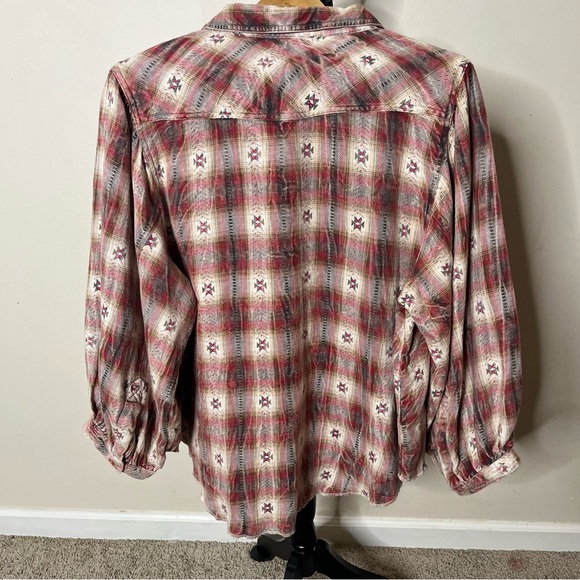 Ivy Jane Brown Burgundy Plaid Southwestern Balloon Sleeve Pearl Snap Shirt Sz L - Picture 12 of 12